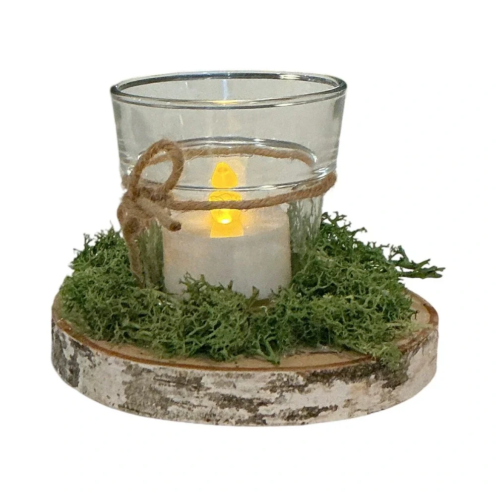 Handmade Rustic Birch Wood Moss Candle Holder LED Tea Light 4.5in Woodland Decor